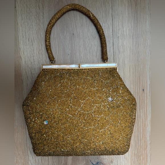 Vintage Gold Beaded Evening Bag Top Handle Purse 1950s Frame Clasp Formal *S23